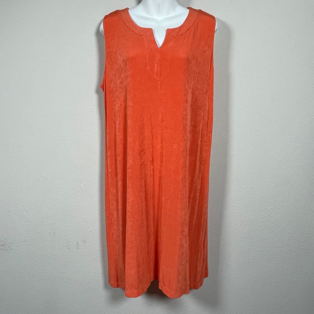 Chicos Sleeveless Shift Dress Womens 2 L Orange Vibrant Travel Resort Split Neck